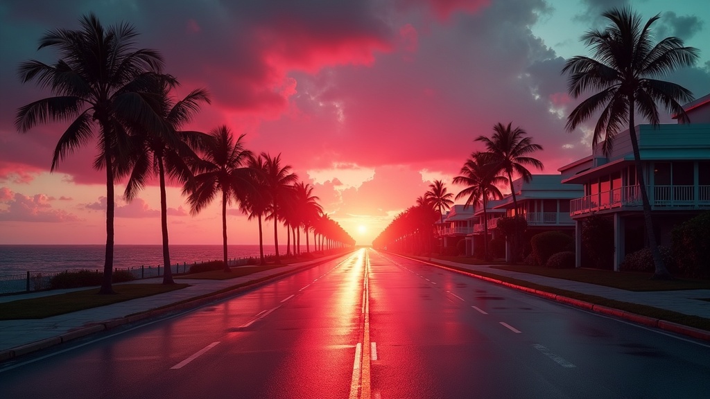 A neon-lit Vice City style sunset over an empty coastal road
