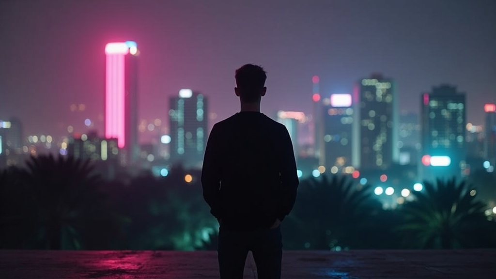 A lone figure looking out over a neon city skyline at night