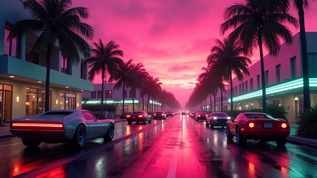 A neon Vice City street lined with cars at dusk